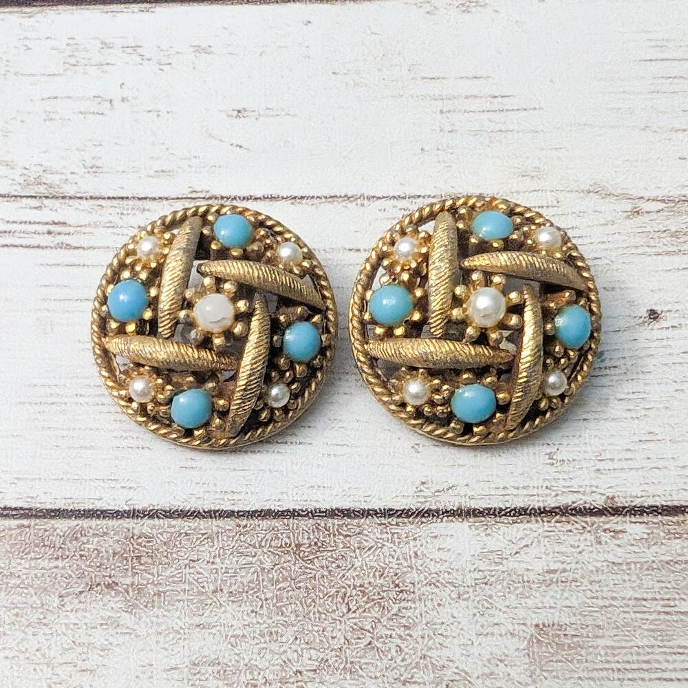 Vintage Clip On Earrings Statement Circle Gold Tone with Light Blue & Faux Pearl